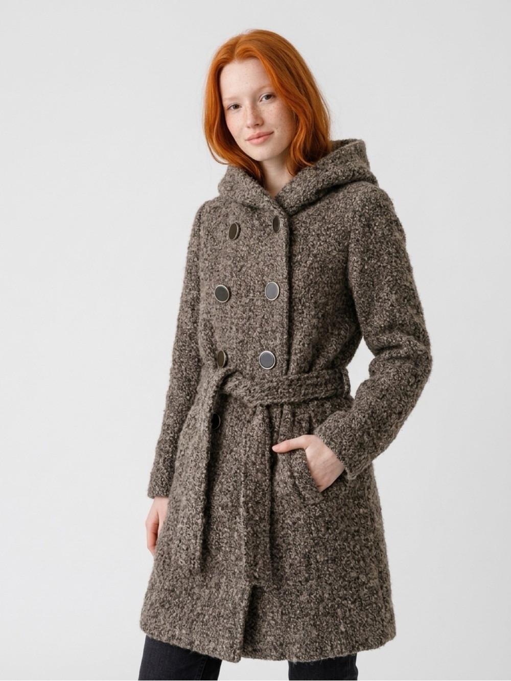 Hooded Double-Breasted Bouclé Pea Coat in Taupe